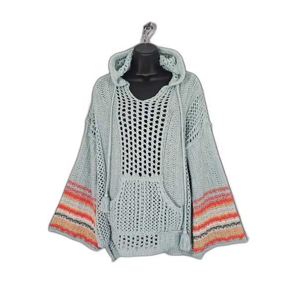 POL Open Knit Beachy Hoodie Size Large Robin Egg Blue Boho Beach Cover - Picture 1 of 6